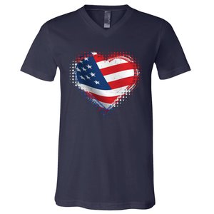 Distressed American USA Flag Heart V-Neck T-Shirt