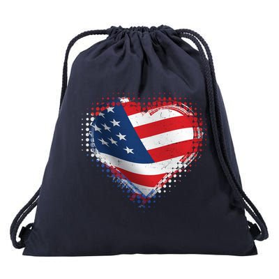 Distressed American USA Flag Heart Drawstring Bag