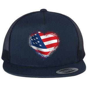 Distressed American USA Flag Heart Flat Bill Trucker Hat