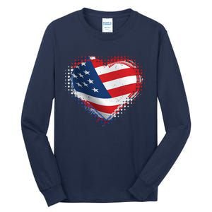 Distressed American USA Flag Heart Tall Long Sleeve T-Shirt