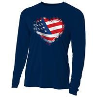 Distressed American USA Flag Heart Cooling Performance Long Sleeve Crew