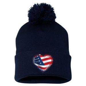 Distressed American USA Flag Heart Pom Pom 12in Knit Beanie