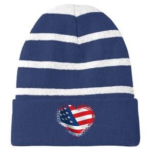 Distressed American USA Flag Heart Striped Beanie with Solid Band