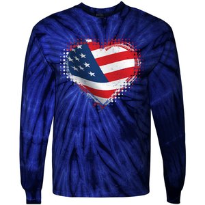 Distressed American USA Flag Heart Tie-Dye Long Sleeve Shirt