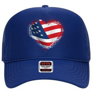 Distressed American USA Flag Heart High Crown Mesh Back Trucker Hat