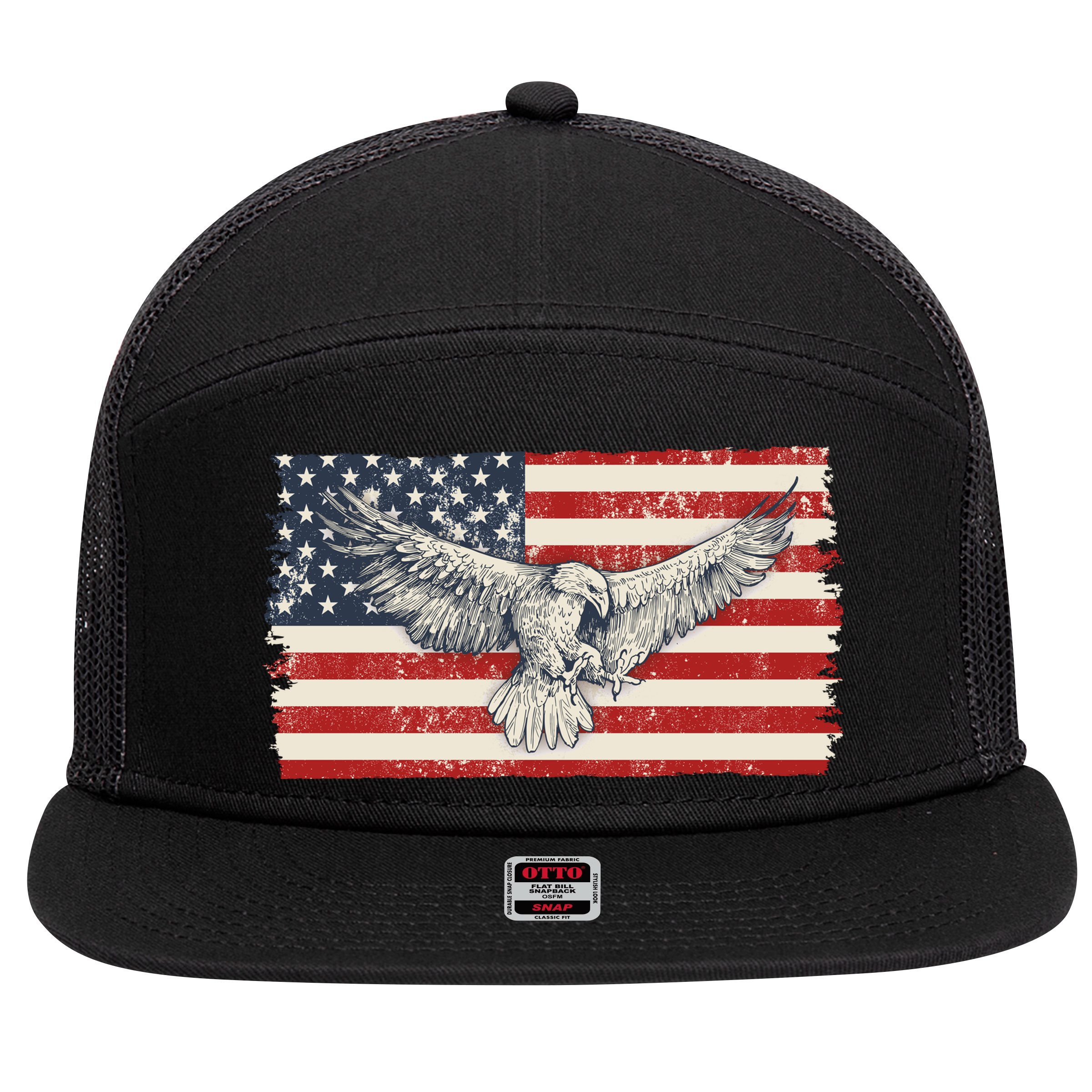 Distressed American USA Flag Eagle 7 Panel Mesh Trucker Snapback Hat