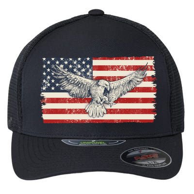 Distressed American USA Flag Eagle Flexfit Unipanel Trucker Cap