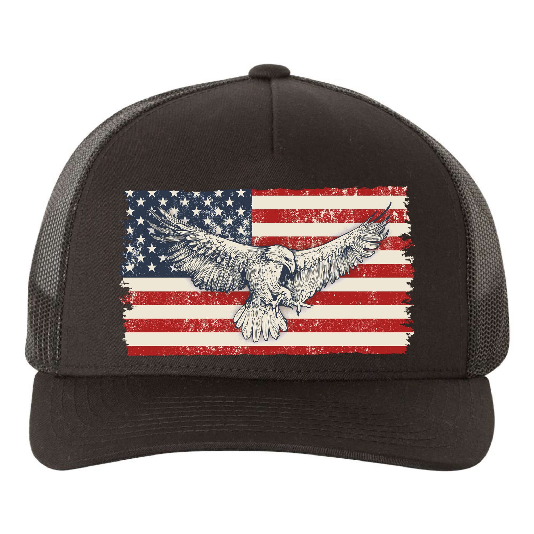 Distressed American USA Flag Eagle Yupoong Adult 5-Panel Trucker Hat
