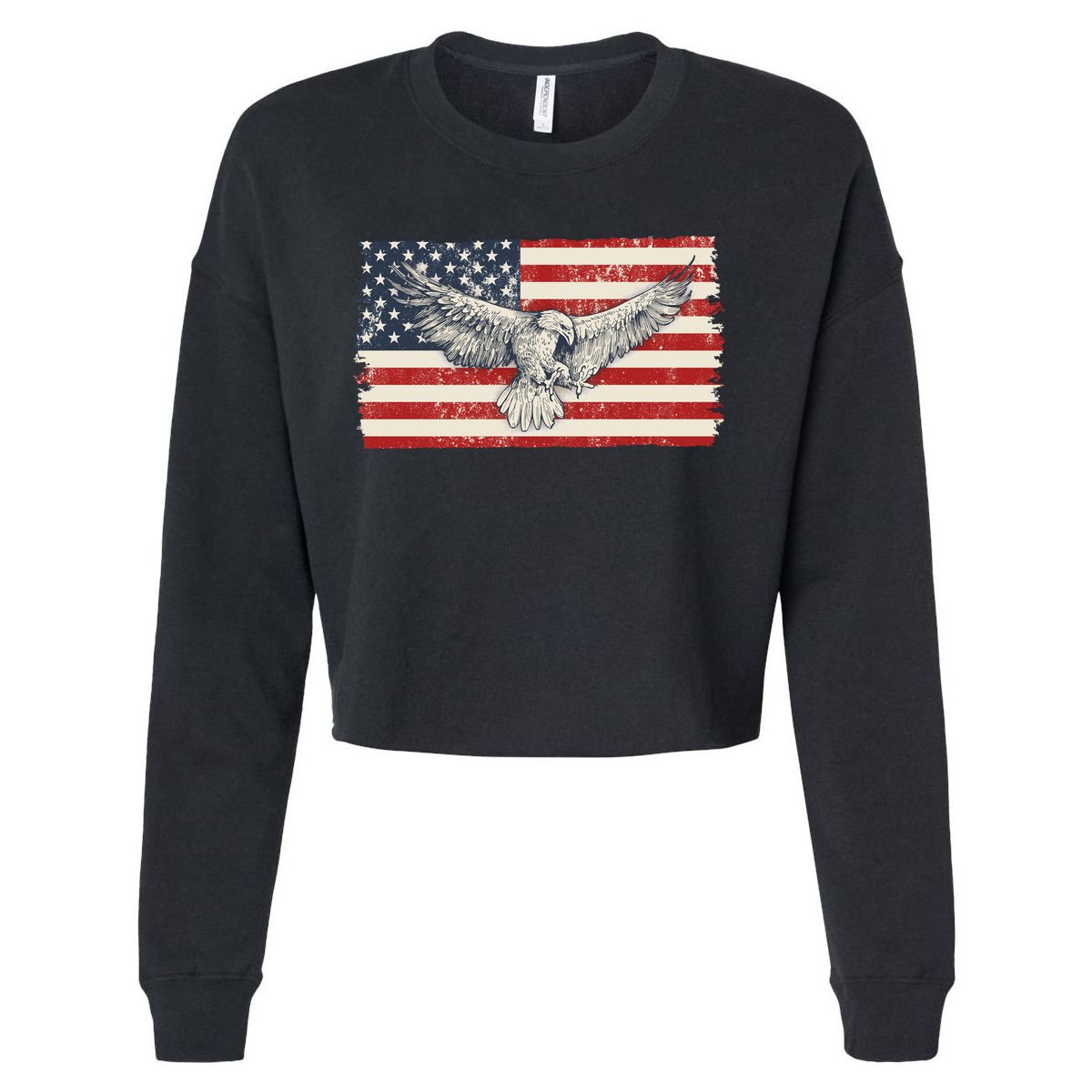 Distressed American USA Flag Eagle Cropped Pullover Crew