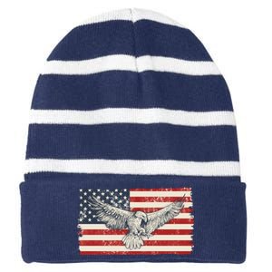 Distressed American USA Flag Eagle Striped Beanie with Solid Band