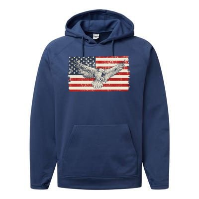 Distressed American USA Flag Eagle Performance Fleece Hoodie