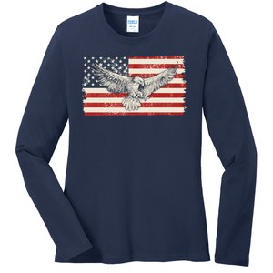 Distressed American USA Flag Eagle Ladies Long Sleeve Shirt