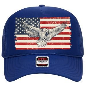 Distressed American USA Flag Eagle High Crown Mesh Back Trucker Hat