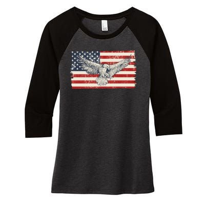 Distressed American USA Flag Eagle Women's Tri-Blend 3/4-Sleeve Raglan Shirt