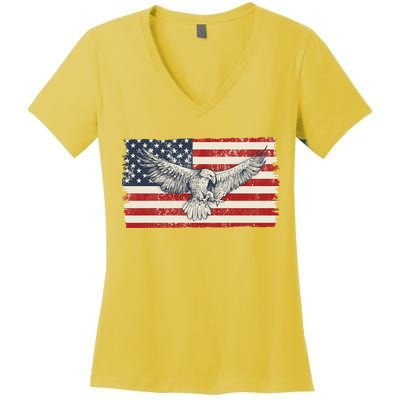 Distressed American USA Flag Eagle Women's V-Neck T-Shirt