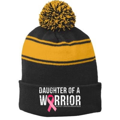 Daughter Of A Warrior Breast Cancer Awareness Stripe Pom Pom Beanie