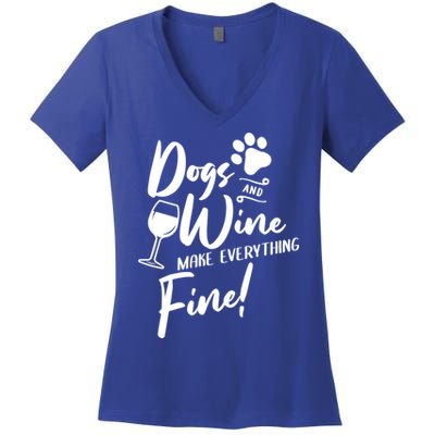 Dogs And Wine Make Everything Fine Funny Dog And Wine Lover Cool Gift Women's V-Neck T-Shirt