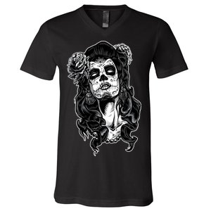 Day Of The Dead Beauty Skeleton V-Neck T-Shirt