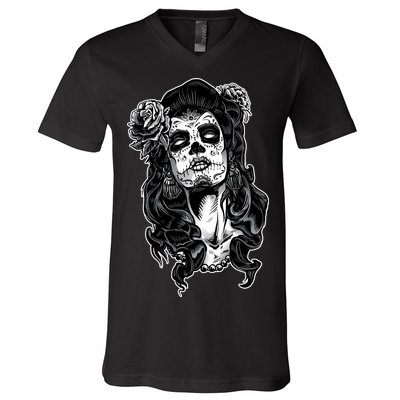 Day Of The Dead Beauty Skeleton V-Neck T-Shirt