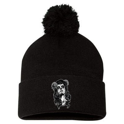 Day Of The Dead Beauty Skeleton Pom Pom 12in Knit Beanie