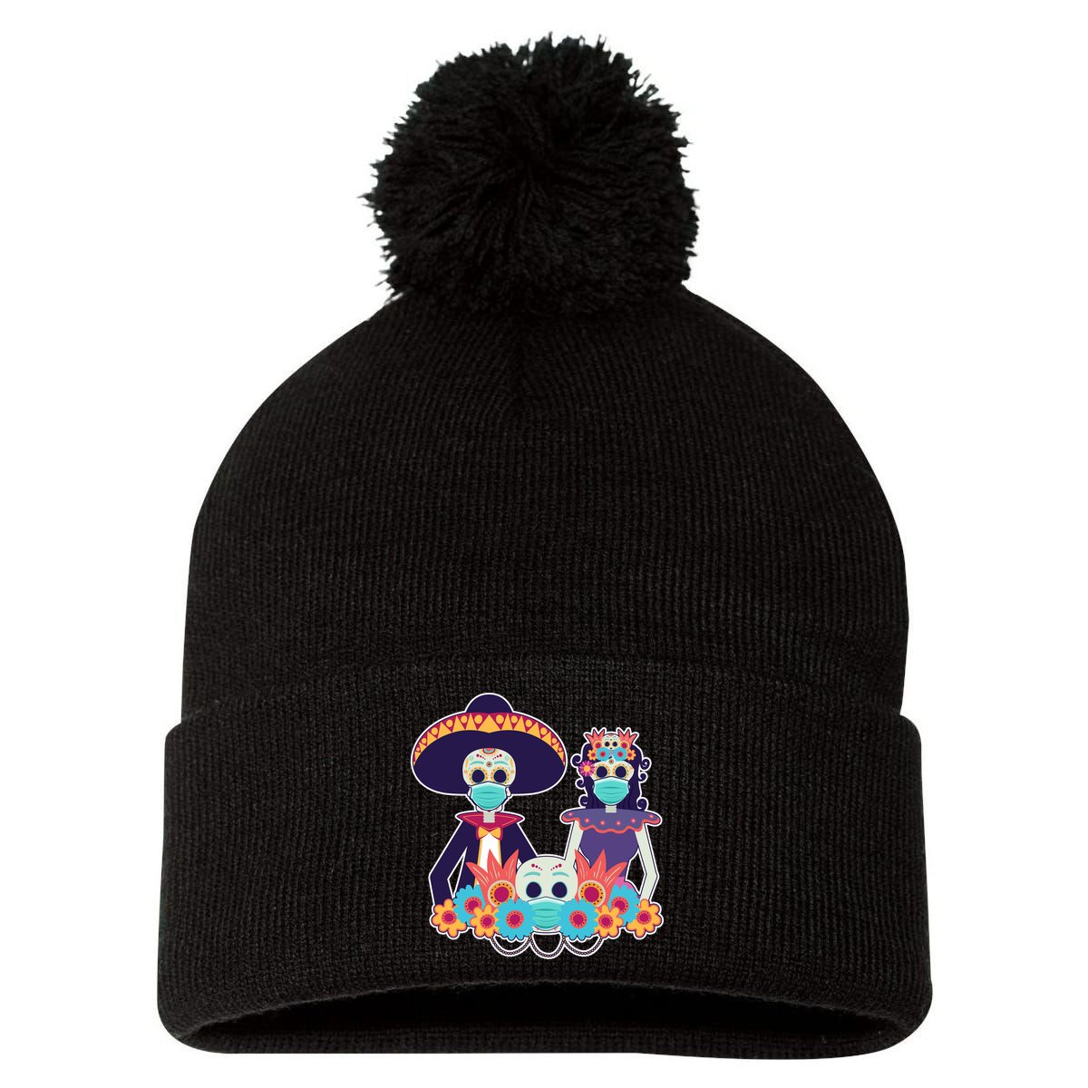 Day Of The Dead Dia De Los Muertos Quarantine Pom Pom 12in Knit Beanie
