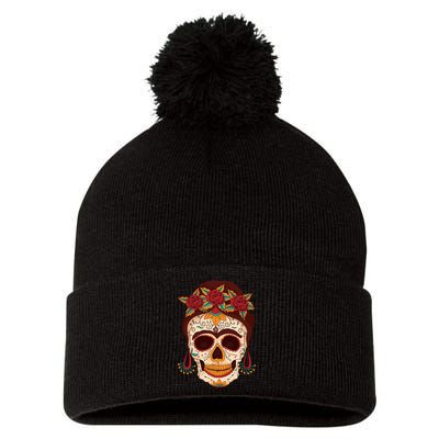 Day Of The Dead Female Pom Pom 12in Knit Beanie