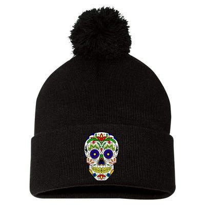 Day of the Dead Skull dia de los Muertos Pom Pom 12in Knit Beanie