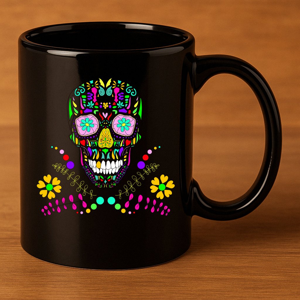 Day of The Dead Skull Flower Glasses 11oz C Handle Ceramic Mug