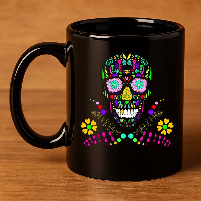 Day of The Dead Skull Flower Glasses 11oz C Handle Ceramic Mug