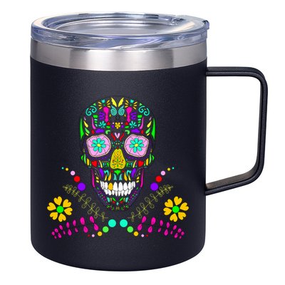 Day of The Dead Skull Flower Glasses 12oz Stainless Steel Coffee Mug