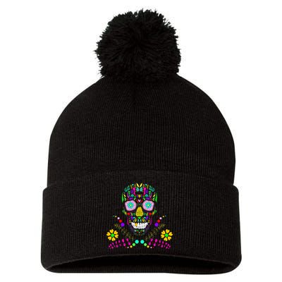 Day of The Dead Skull Flower Glasses Pom Pom 12in Knit Beanie