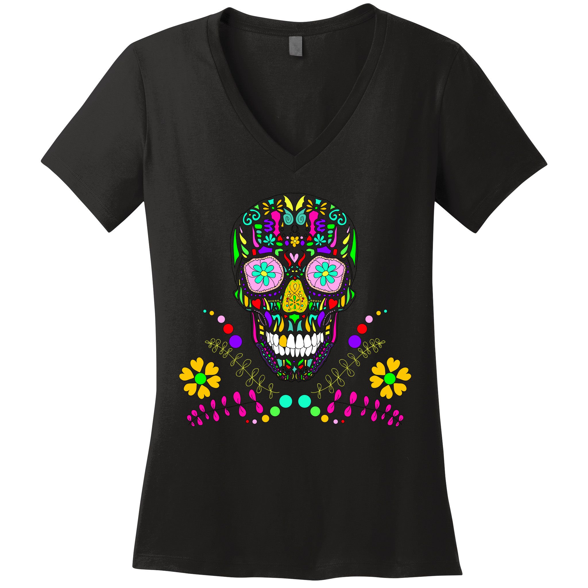 Day of The Dead Skull Flower Glasses Women's V-Neck T-Shirt