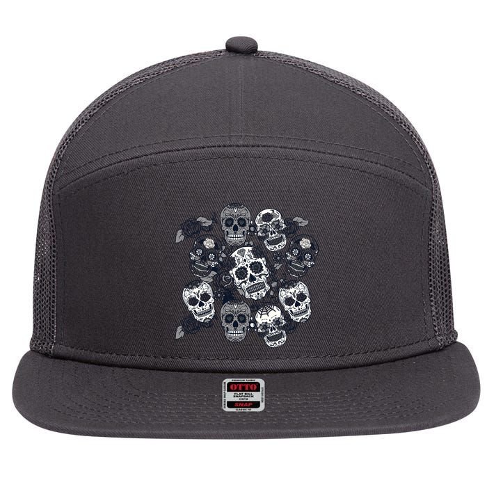 Day Of The Dead Skull Mash Up 7 Panel Mesh Trucker Snapback Hat