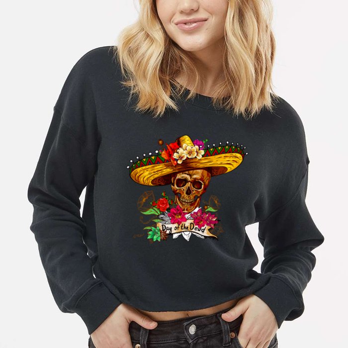Day of the Dead Sugar Skull Sombrero Cropped Pullover Crew
