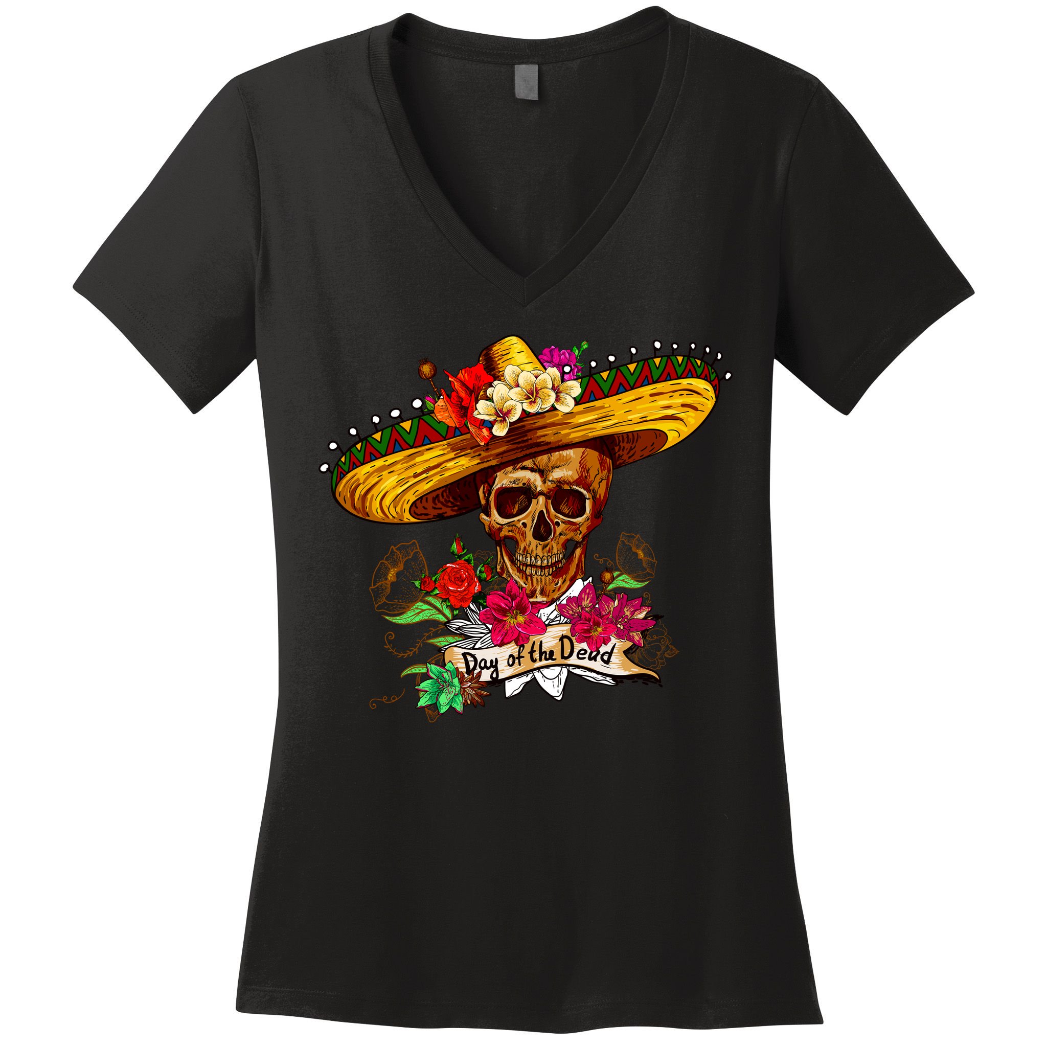 Day of the Dead Sugar Skull Sombrero Women's V-Neck T-Shirt