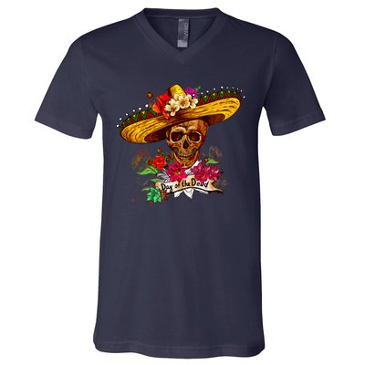 Day of the Dead Sugar Skull Sombrero V-Neck T-Shirt