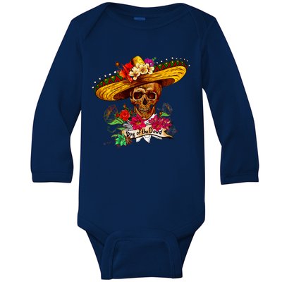 Day of the Dead Sugar Skull Sombrero Baby Long Sleeve Bodysuit