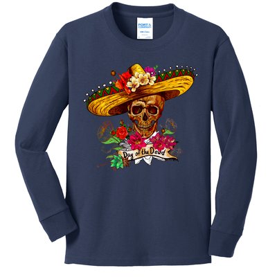 Day of the Dead Sugar Skull Sombrero Kids Long Sleeve Shirt