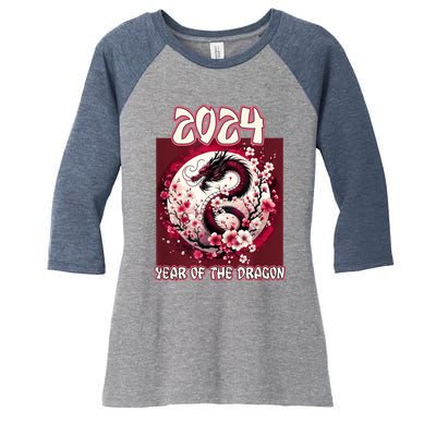 Dragon & Blossoms 2024 Year Of The Dragon Women's Tri-Blend 3/4-Sleeve Raglan Shirt