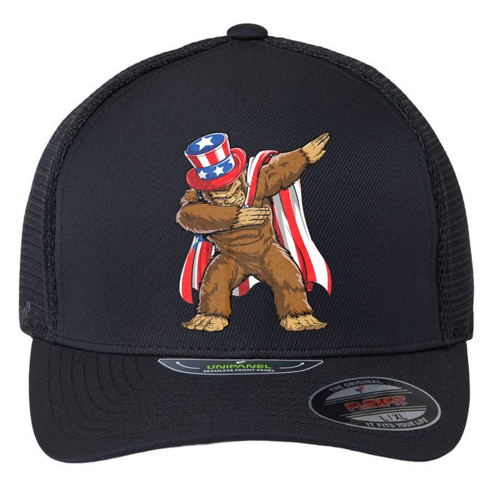 Dabbing Bigfoot 4th Of July Sasquatch American Flag Flexfit Unipanel Trucker Cap