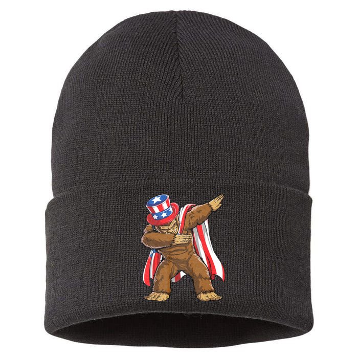 Dabbing Bigfoot 4th Of July Sasquatch American Flag Sustainable Knit Beanie