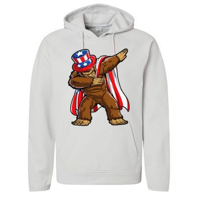 Dabbing Bigfoot 4th of July Sasquatch  USA Flag Performance Fleece Hoodie