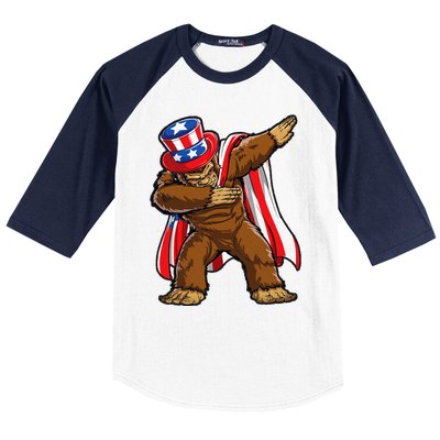 Dabbing Bigfoot 4th of July Sasquatch  USA Flag Baseball Sleeve Shirt