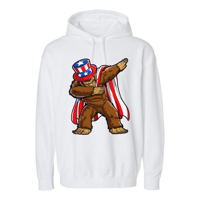 Dabbing Bigfoot 4th of July Sasquatch  USA Flag Garment-Dyed Fleece Hoodie