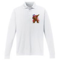 Dabbing Bigfoot 4th of July Sasquatch  USA Flag Performance Long Sleeve Polo