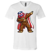 Dabbing Bigfoot 4th of July Sasquatch  USA Flag V-Neck T-Shirt