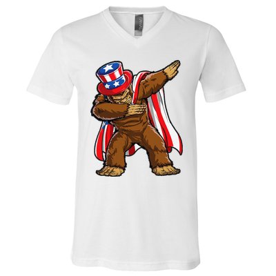 Dabbing Bigfoot 4th of July Sasquatch  USA Flag V-Neck T-Shirt