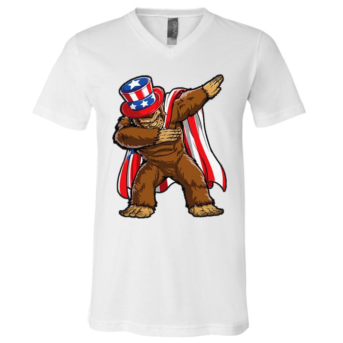 Dabbing Bigfoot 4th of July Sasquatch  USA Flag V-Neck T-Shirt