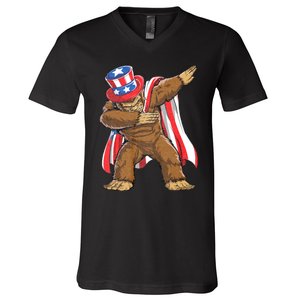 Dabbing Bigfoot 4th Of July Sasquatch American Flag V-Neck T-Shirt