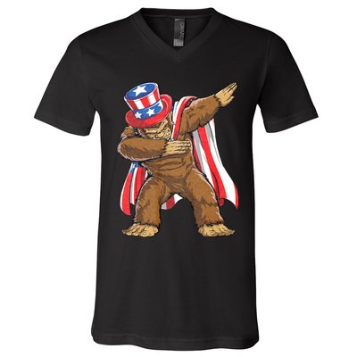 Dabbing Bigfoot 4th Of July Sasquatch American Flag V-Neck T-Shirt